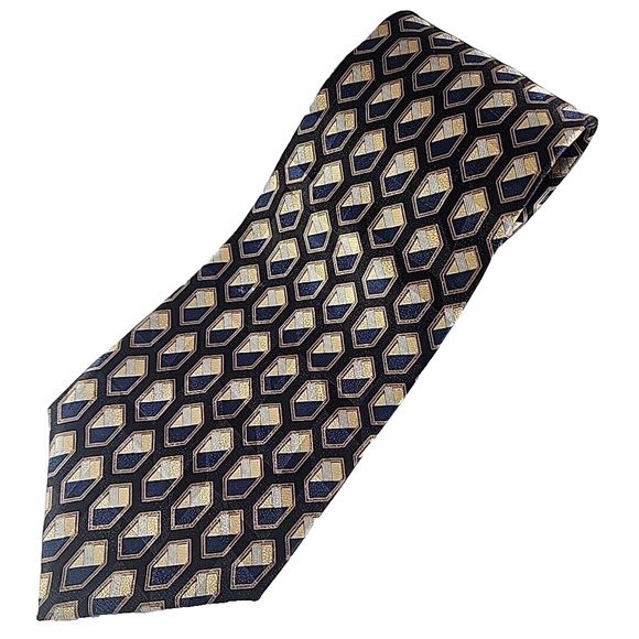 Ferrell Reed Silk Jacquard Necktie - Black-Gold Geometric - Like New - Picture 1 of 4